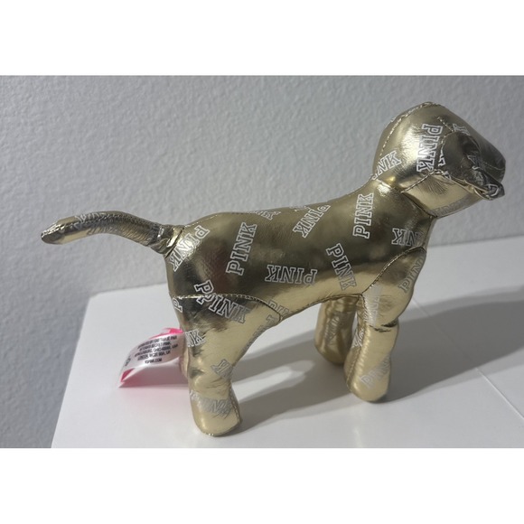 2014 Victoria Secret Plush PINK Dog SHINY Metallic Gold w/ "PINK" Words 8" - Picture 3 of 9